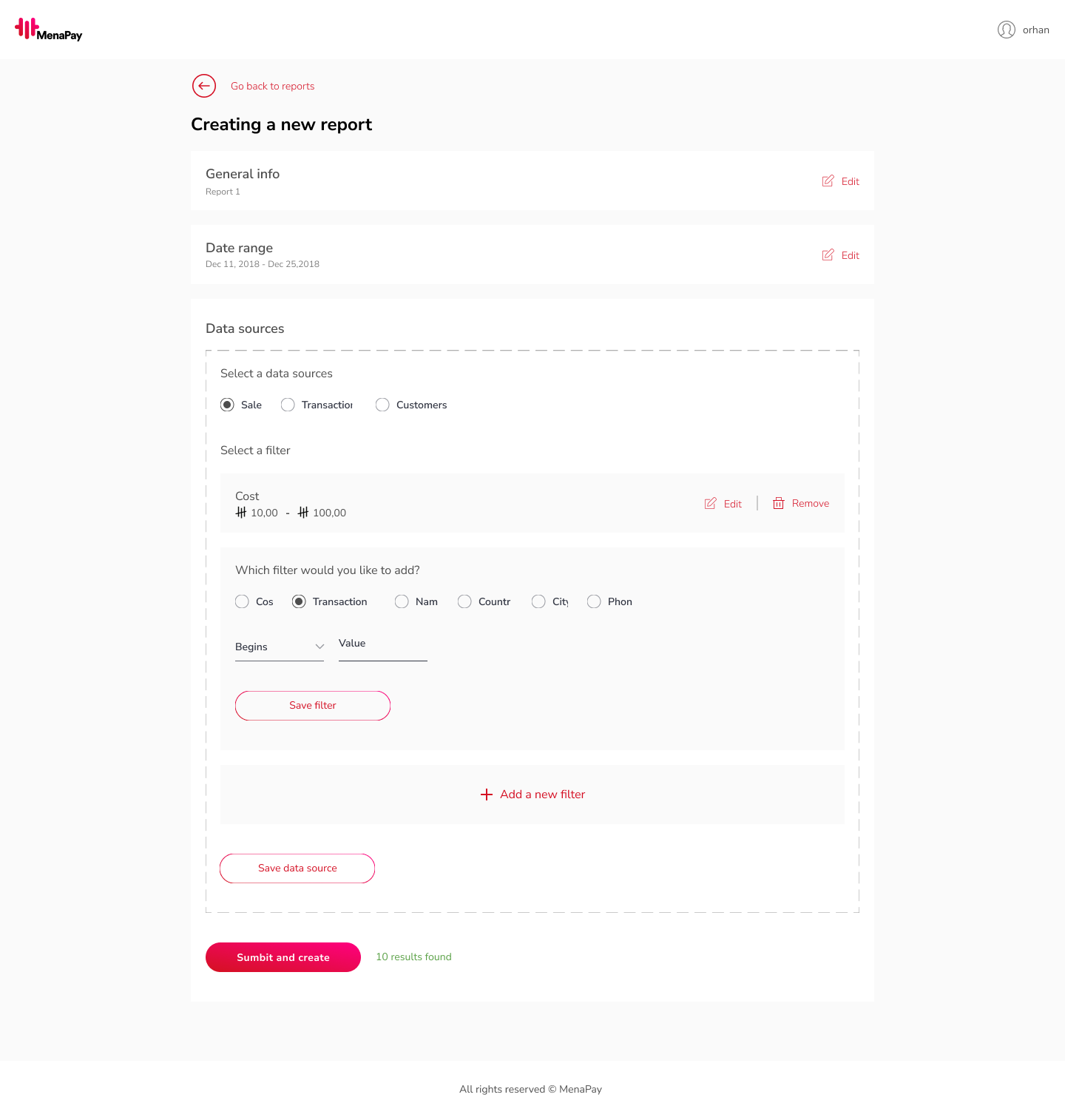 Report creation flow: stepped interface with data sources, filters, and live result count